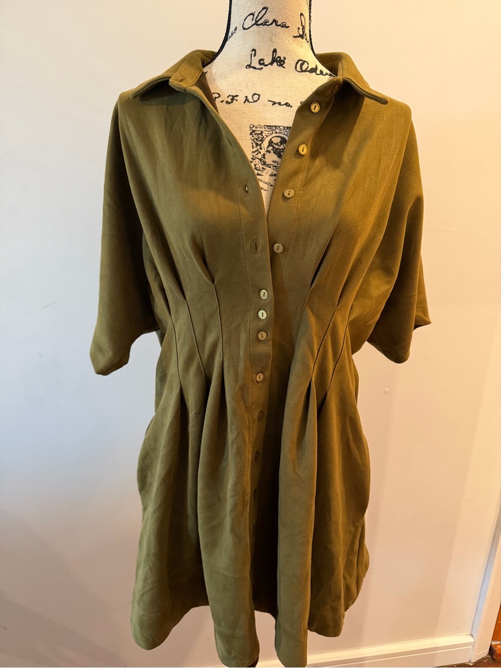 Olive Green Pleated Button-Front Mini Dress